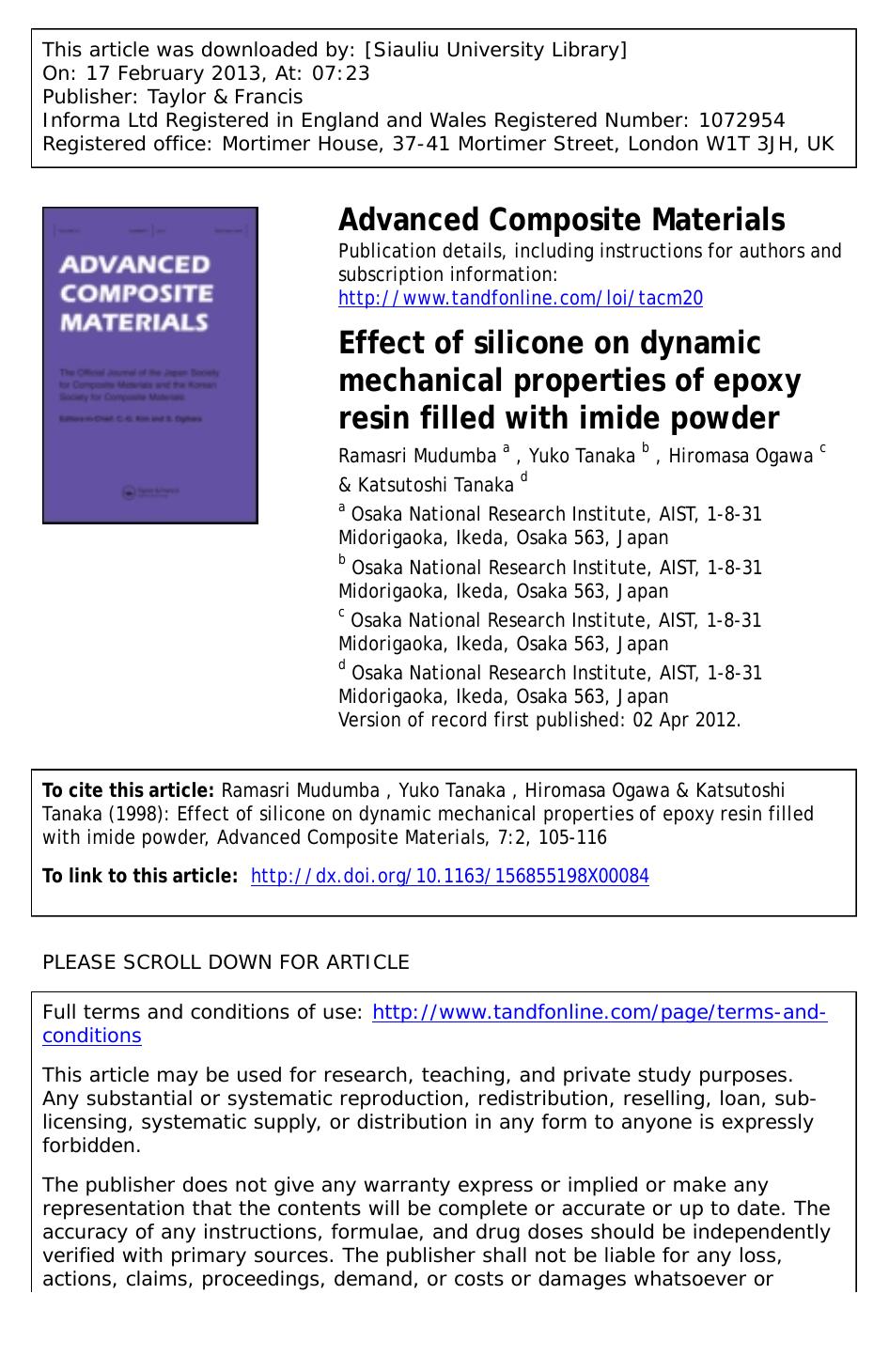 Effect of silicone on dynamic mechanical properties of epoxy resin filled with imide powder by Ramasri Mudumba Yuko Tanaka Hiromasa Ogawa & Katsutoshi Tanaka