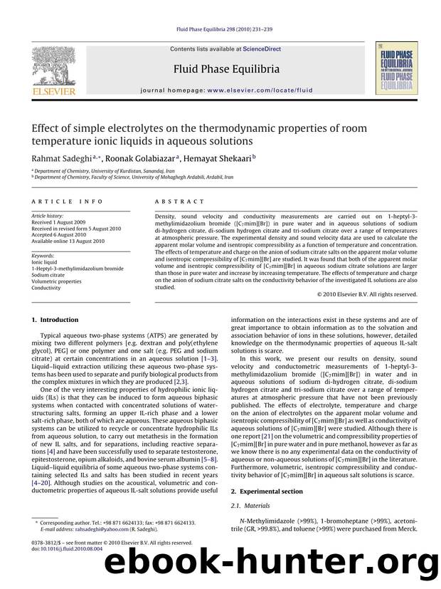 Effect of simple electrolytes on the thermodynamic properties of room temperature ionic liquids in aqueous solutions by Rahmat Sadeghi