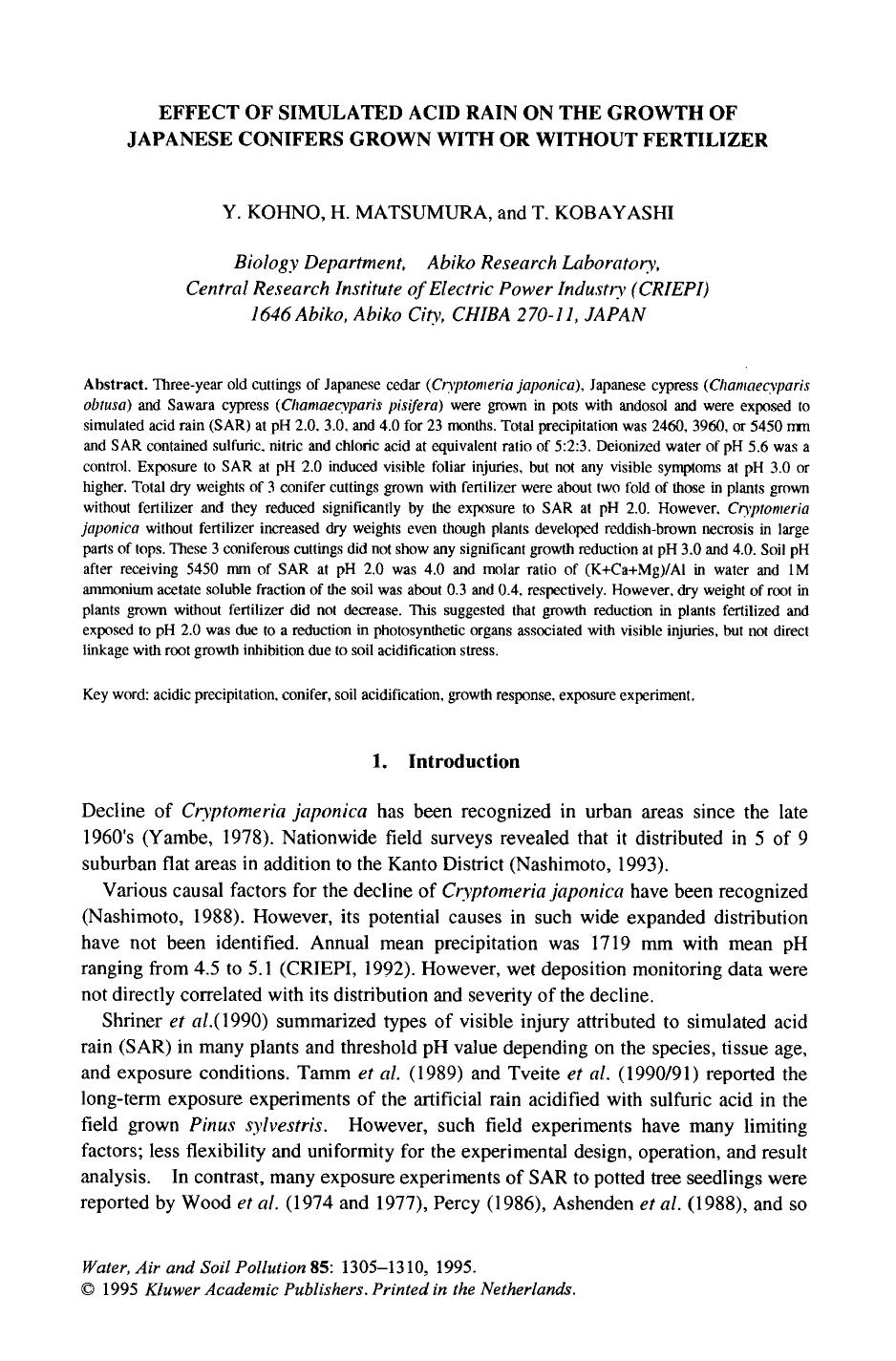 Effect of simulated acid rain on the growth of Japanese conifers grown with or without fertilizer by Unknown