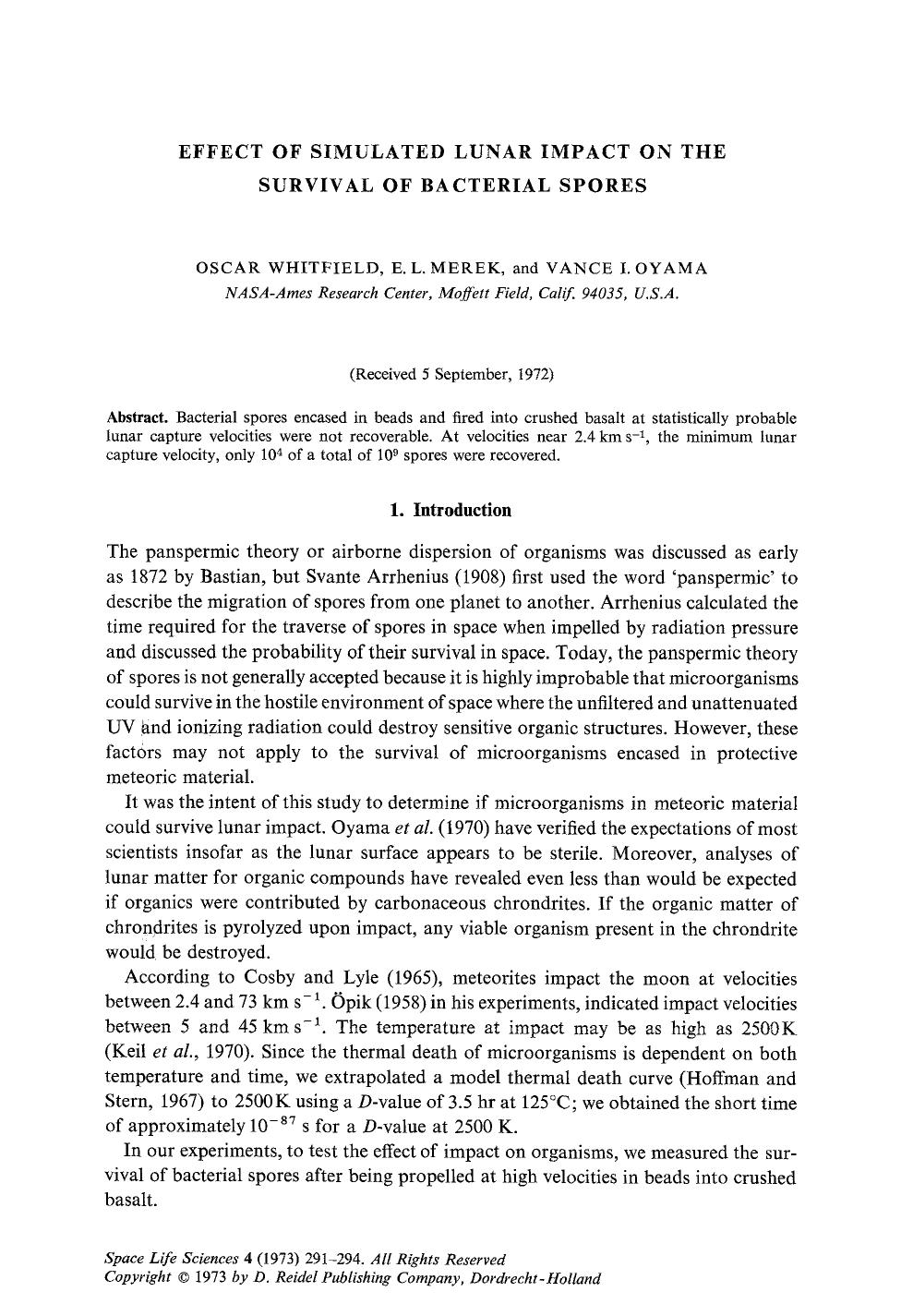 Effect of simulated lunar impact on the survival of bacterial spores by Unknown