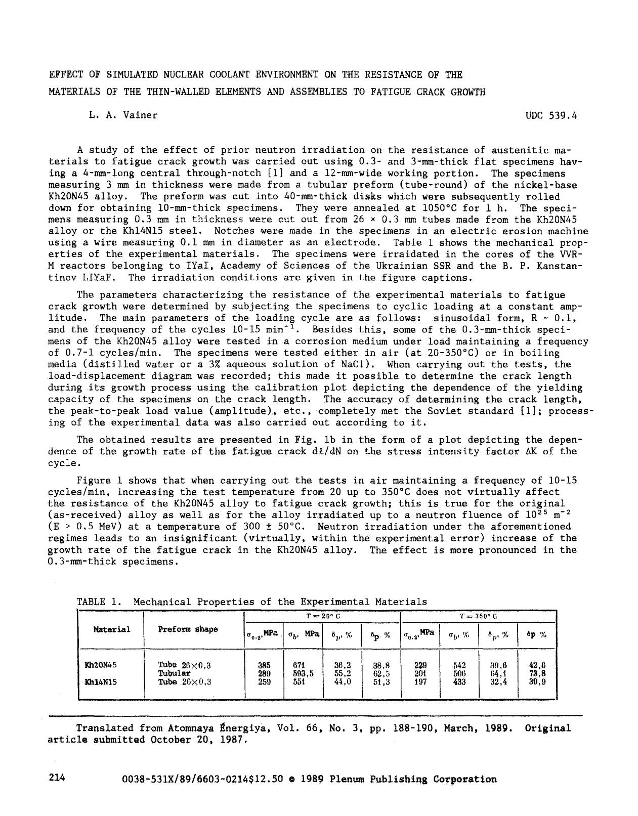 Effect of simulated nuclear coolant environment on the resistance of the materials of the thin-walled elements and assemblies to fatigue crack growth by Unknown