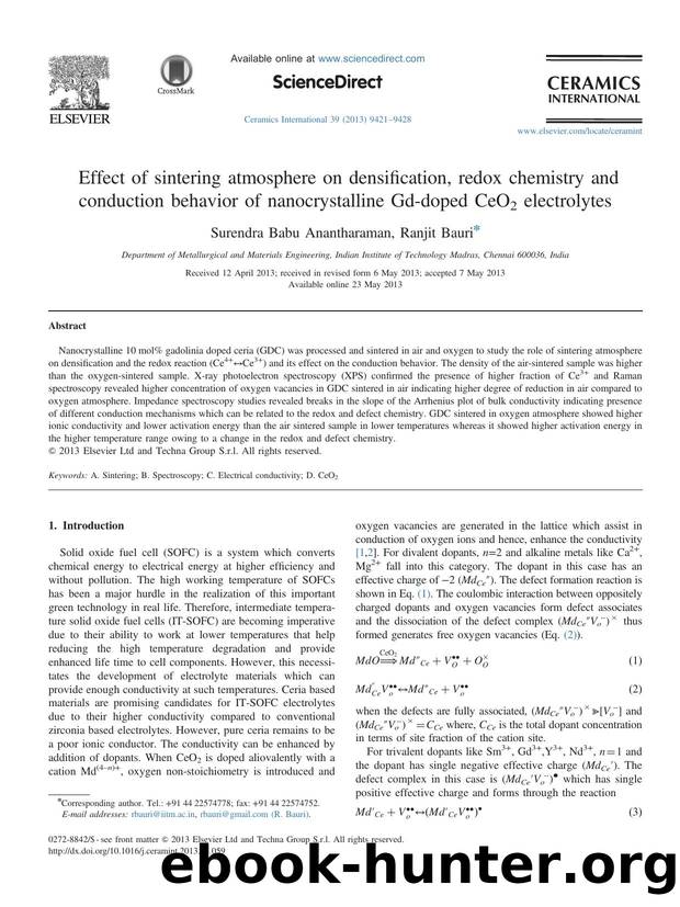 Effect of sintering atmosphere on densification, redox chemistry and conduction behavior of nanocrystalline Gd-doped CeO2 electrolytes by Surendra Babu Anantharaman & Ranjit Bauri