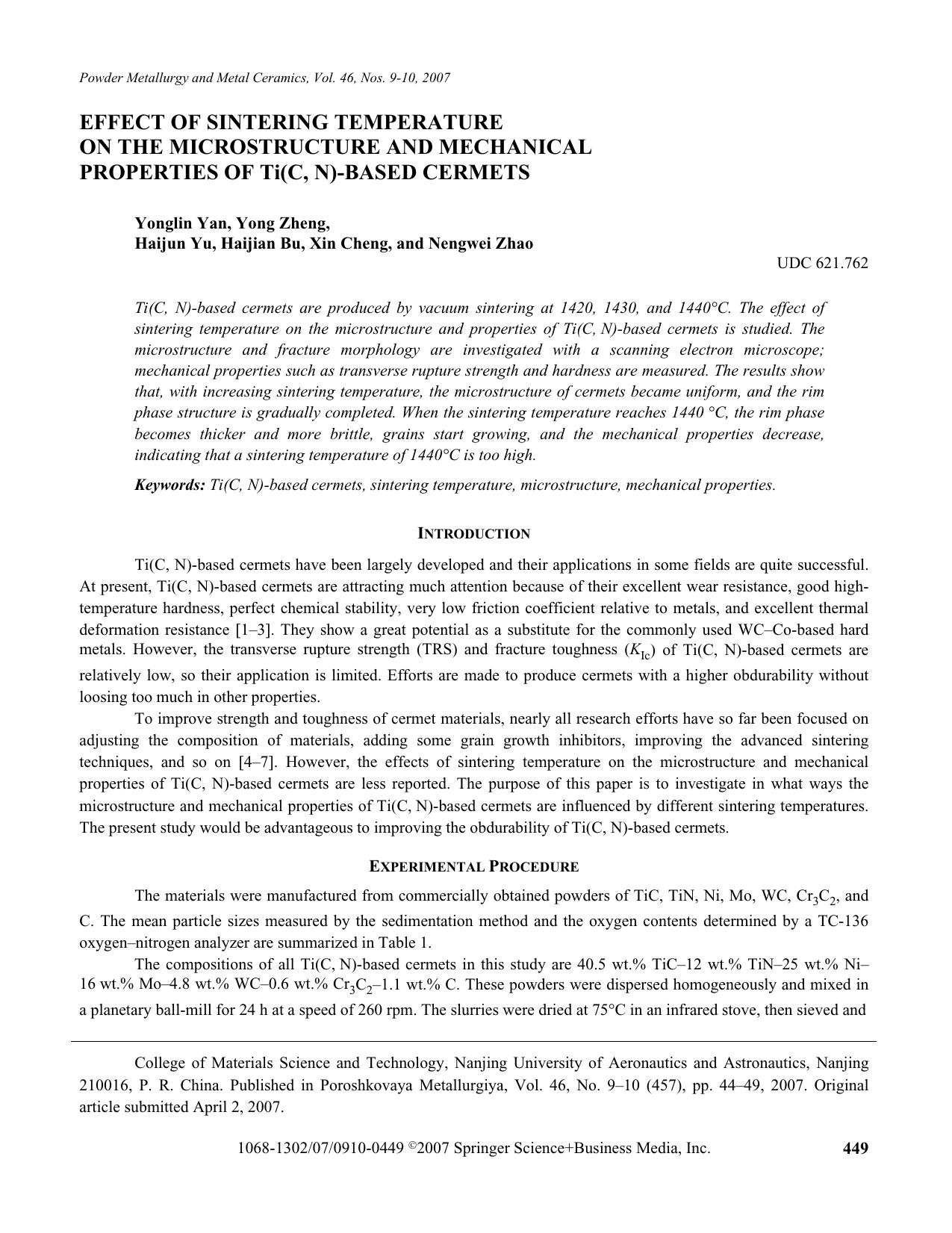 Effect of sintering temperature on the microstructure and mechanical properties of Ti(C, N)-based cermets by Unknown