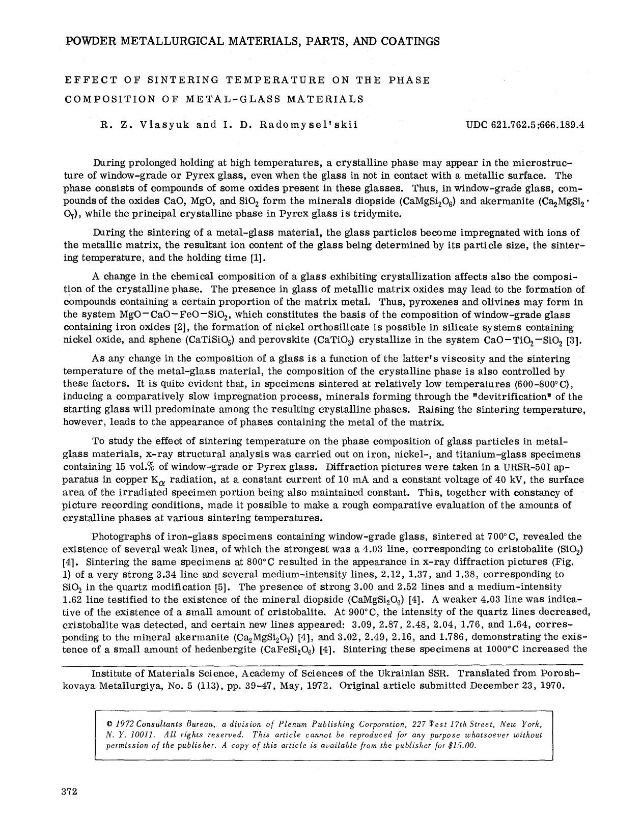 Effect of sintering temperature on the phase composition of metal-glass materials by Unknown