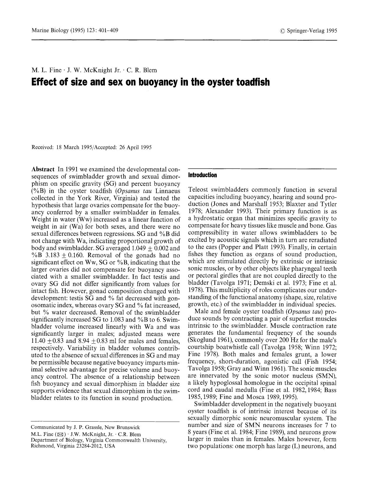 Effect of size and sex on buoyancy in the oyster toadfish by Unknown