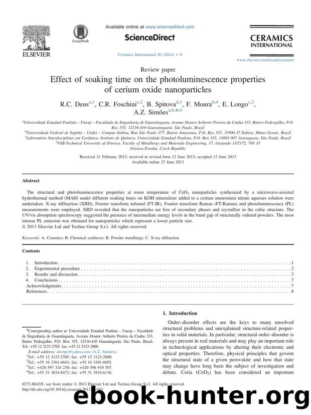 Effect of soaking time on the photoluminescence properties of cerium oxide nanoparticles by R.C. Deus & C.R. Foschini & B. Spitova & F. Moura & E. Longo & A.Z. Simões