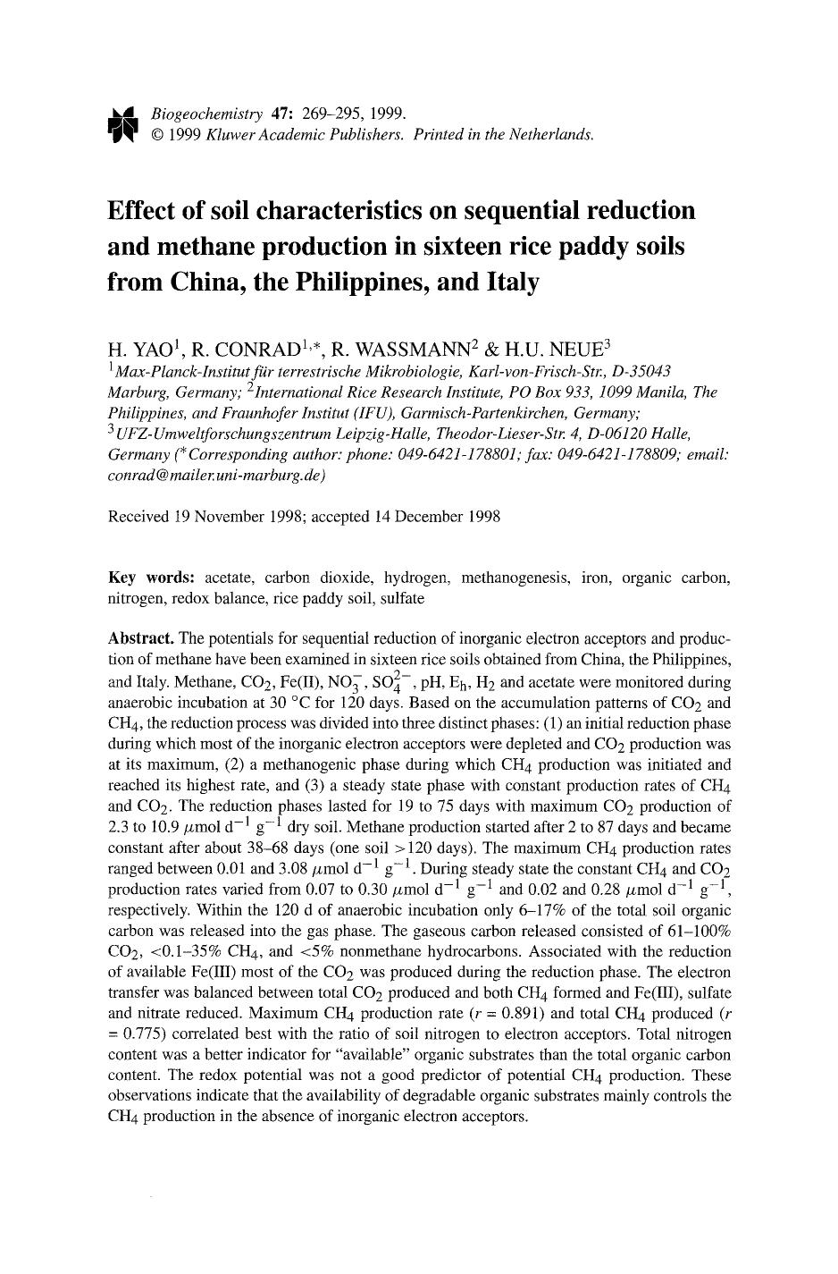 Effect of soil characteristics on sequential reduction and methane production in sixteen rice paddy soils from China, the Philippines, and Italy by Unknown
