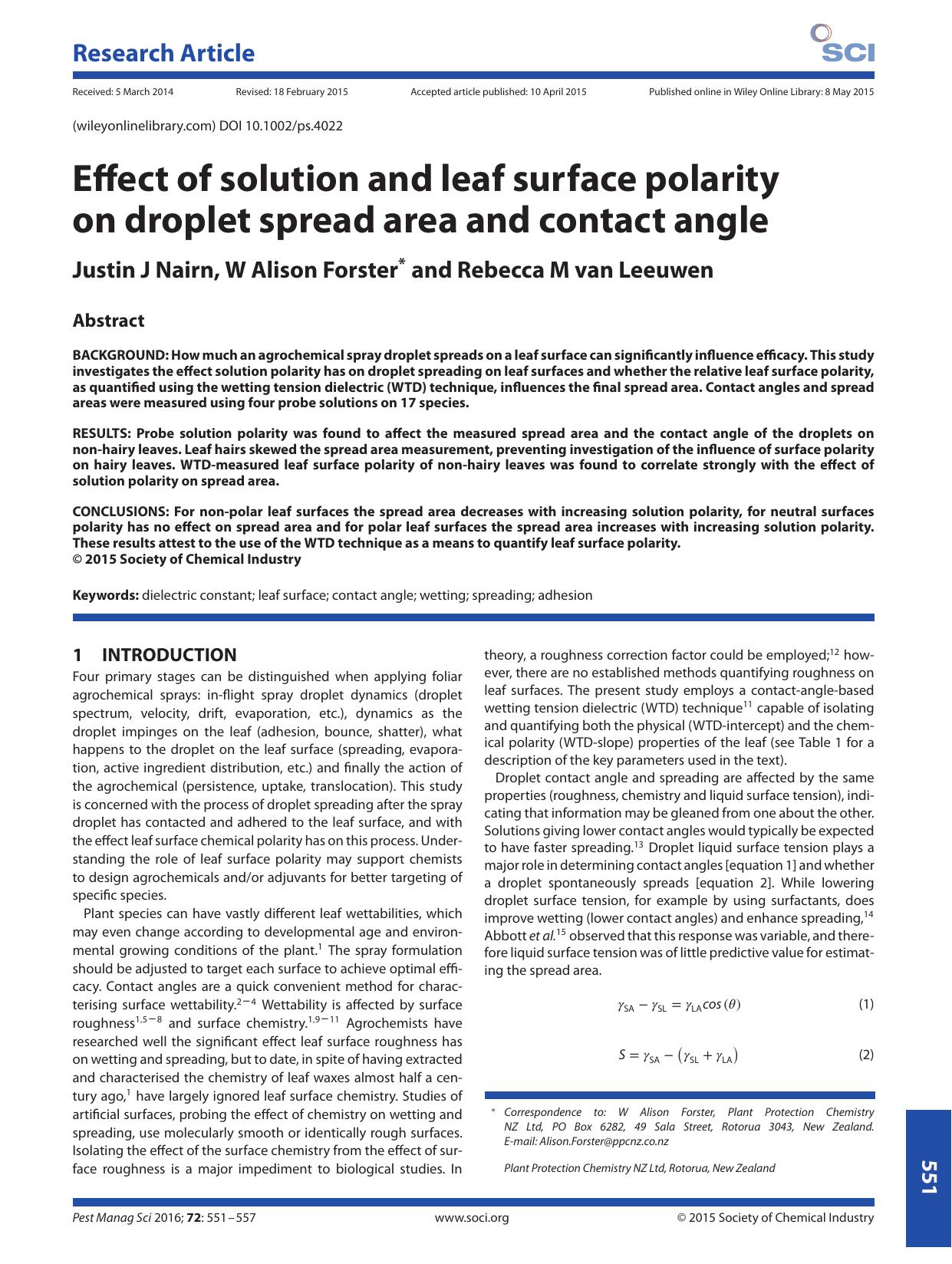 Effect of solution and leaf surface polarity on droplet spread area and contact angle by Unknown