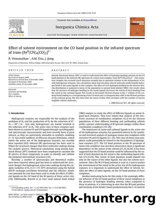 Effect of solvent environment on the CO band position in the infrared spectrum of trans-[FeII(CN)4(CO)2]2â by R. Viswanathan; A.M. Etra; J. Jiang
