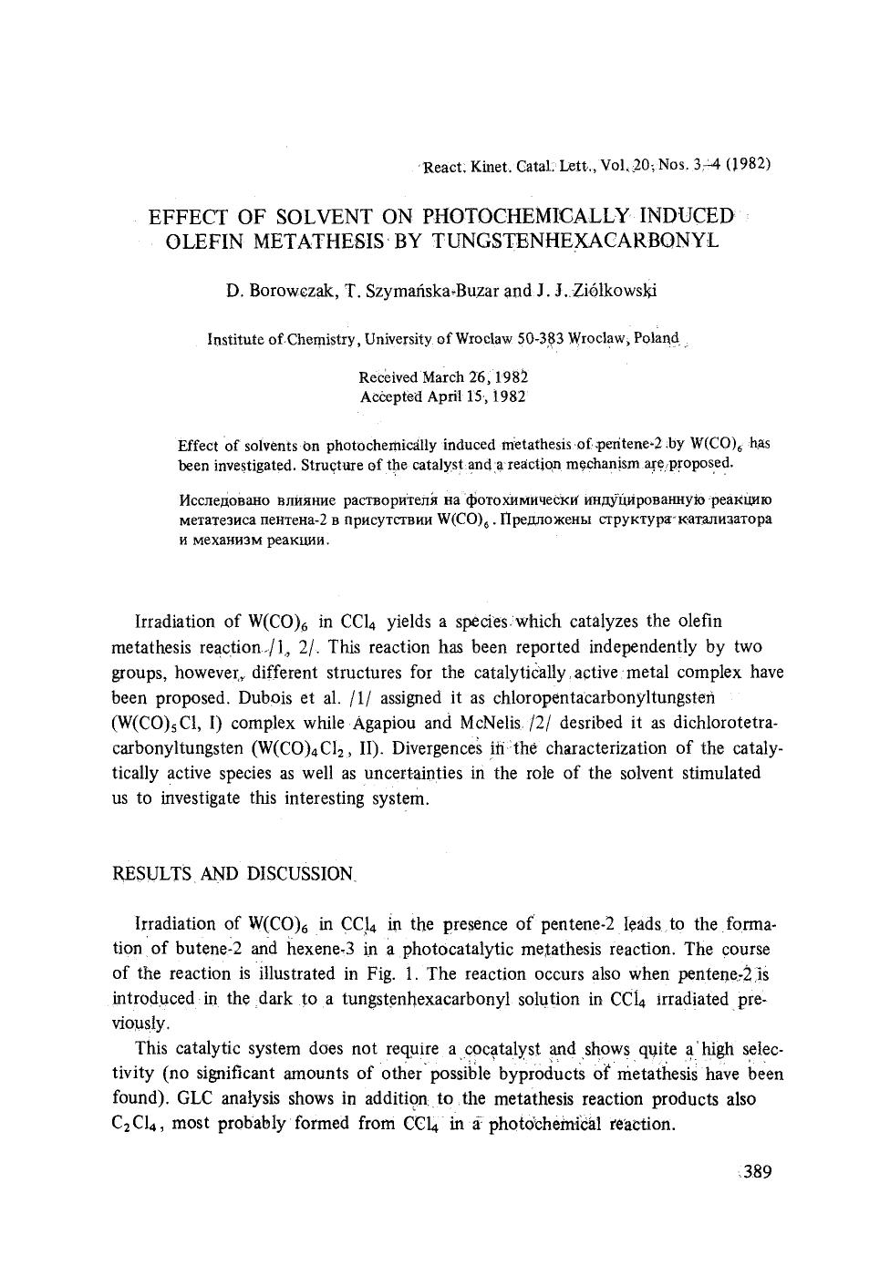 Effect of solvent on photochemically induced olefin metathesis by tungstenhexacarbonyl by Unknown