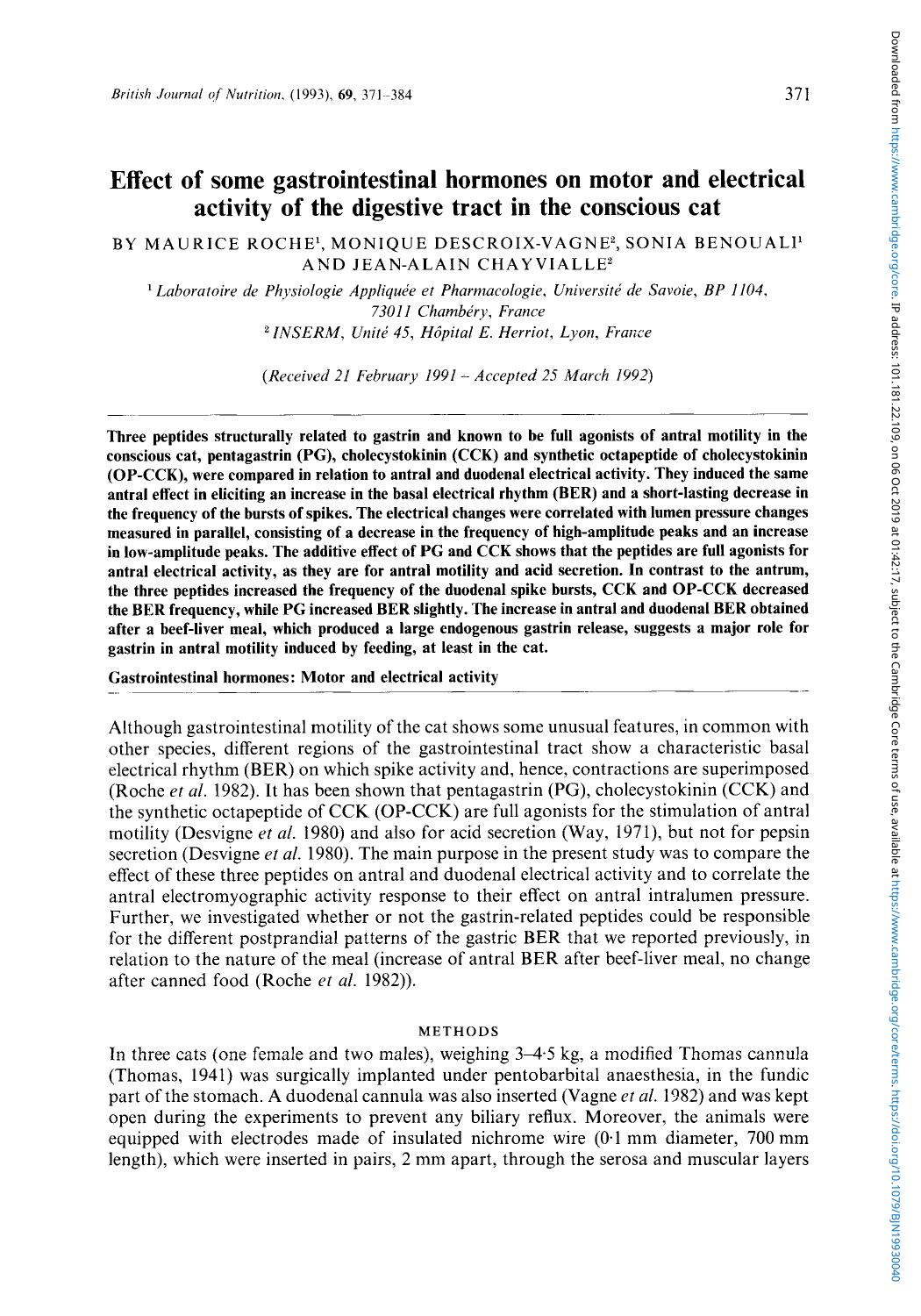 Effect of some gastrointestinal hormones on motor and electrical activity of the digestive tract in the conscious cat by Maurice Rochei Monique Descroix-Vagne Sonia Benouali & Jean-Alain Chayvialle