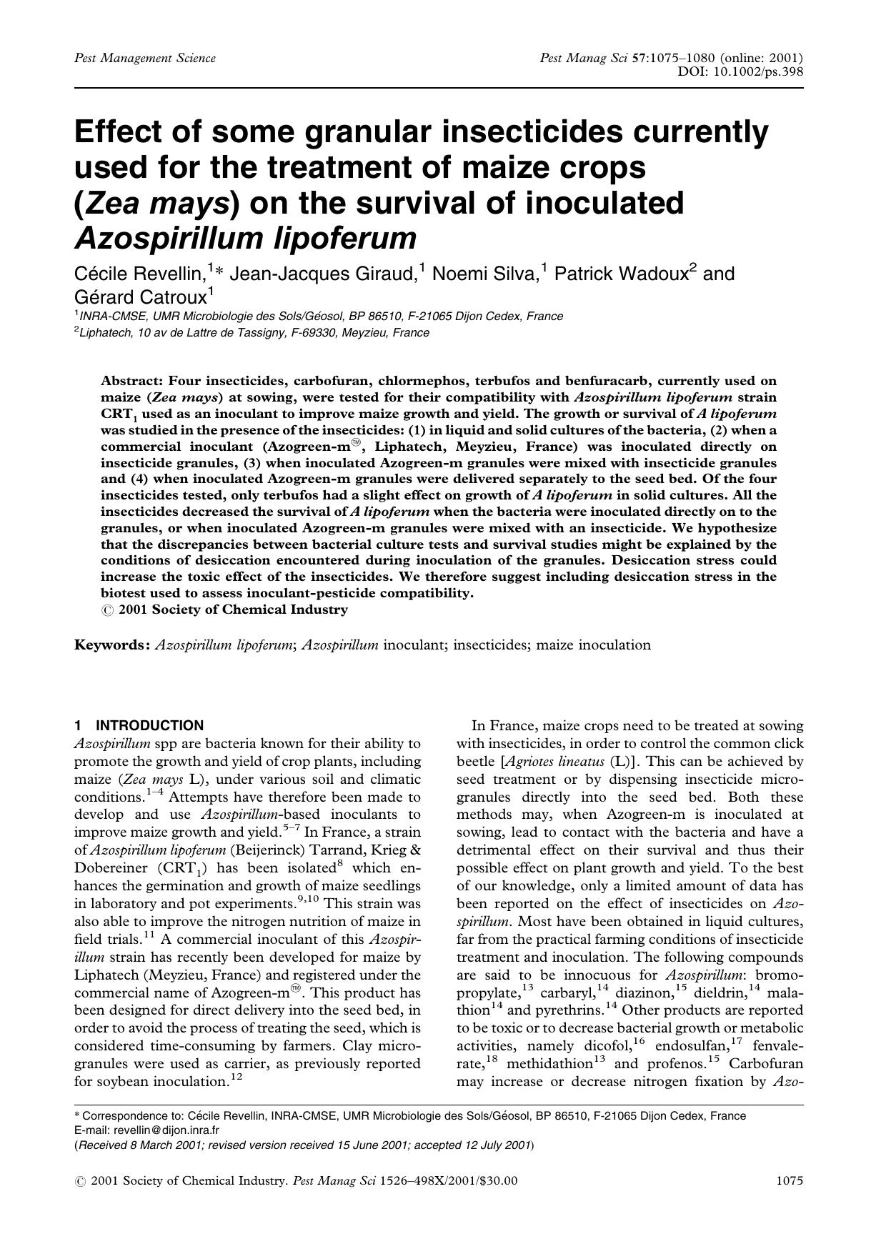 Effect of some granular insecticides currently used for the treatment of maize crops (Zea mays) on the survival of inoculated Azospirillum lipoferum by Unknown