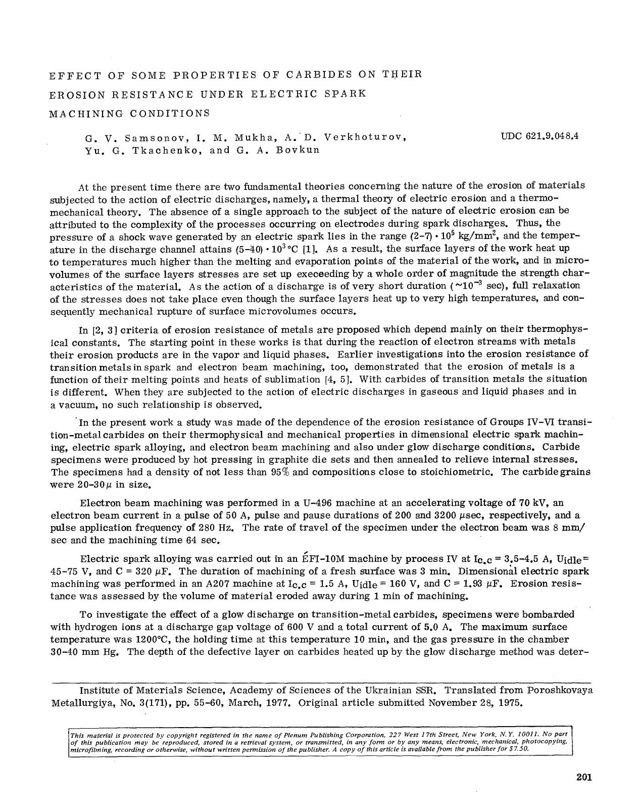 Effect of some properties of carbides on their erosion resistance under electric spark machining conditions by Unknown