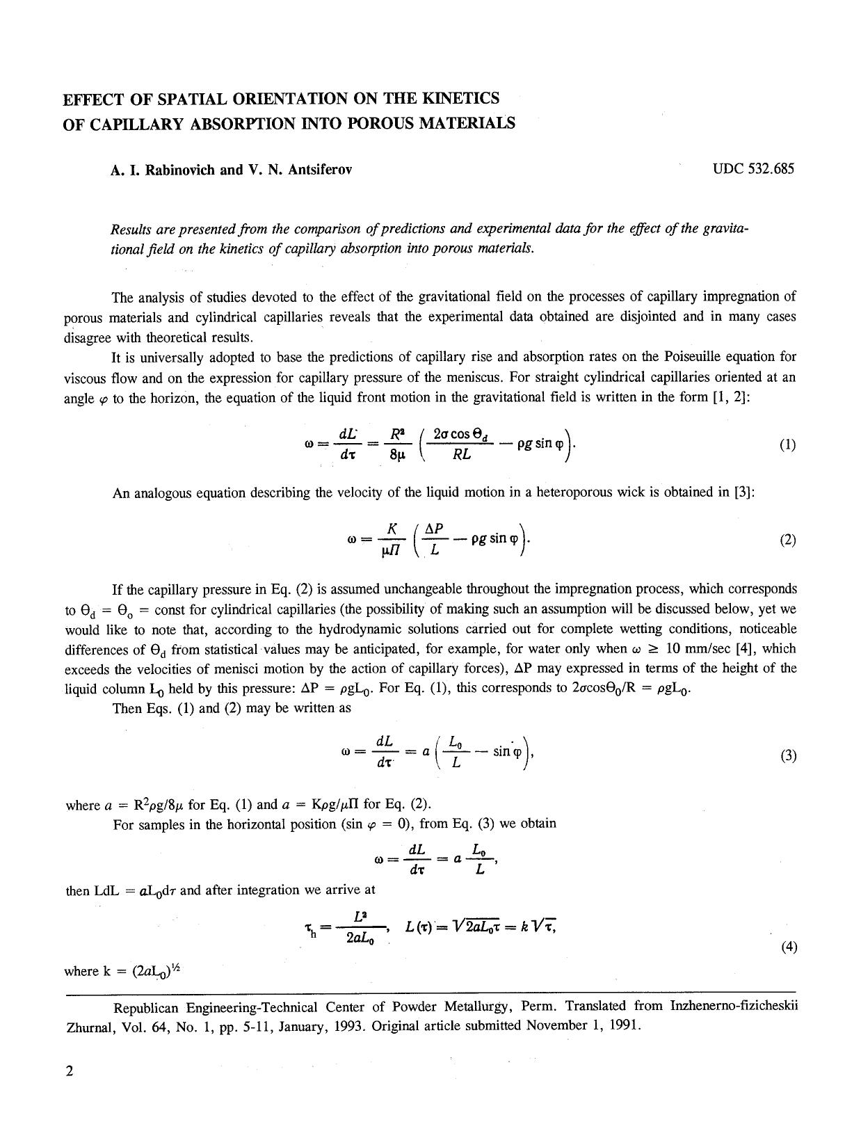Effect of spatial orientation on the kinetics of capillary absorption into porous materials by Unknown