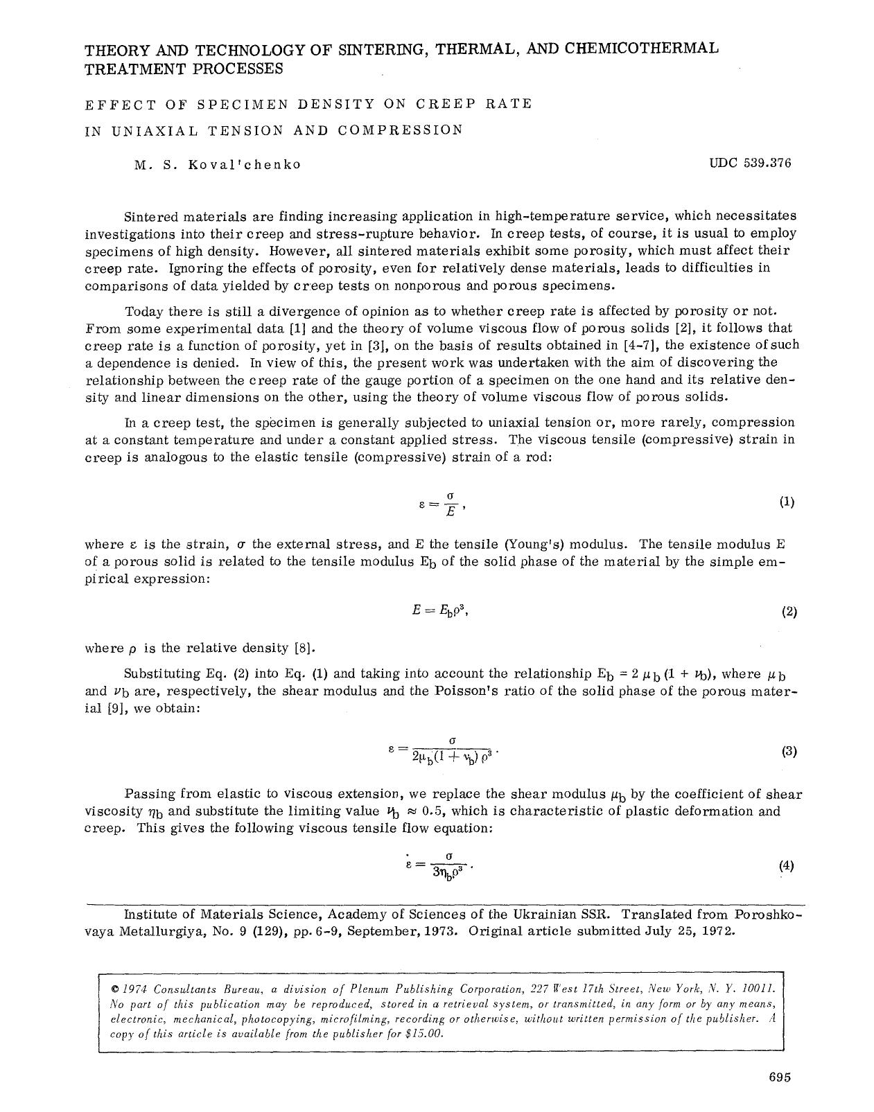Effect of specimen density on creep rate in uniaxial tension and compression by Unknown