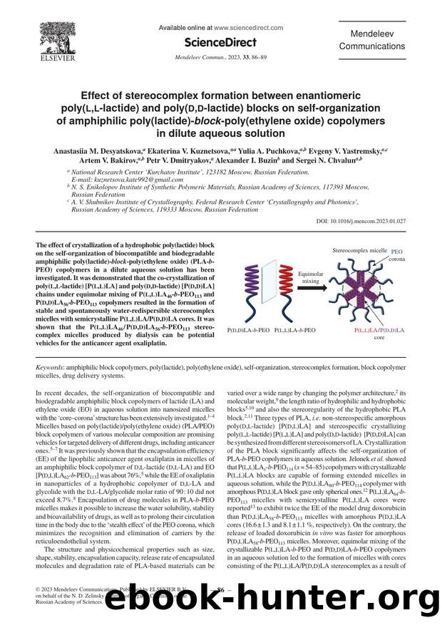 Effect of stereocomplex formation between enantiomeric poly(l,l-lactide) and poly(d,d-lactide) blocks on self-organization of amphiphilic poly(lactide)-block-poly(ethylene oxide) c by unknow