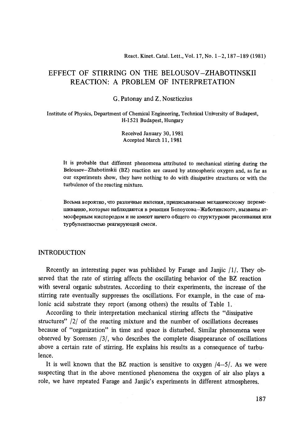 Effect of stirring on the Belousov-Zhabotinskii reaction: A problem of interpretation by Unknown