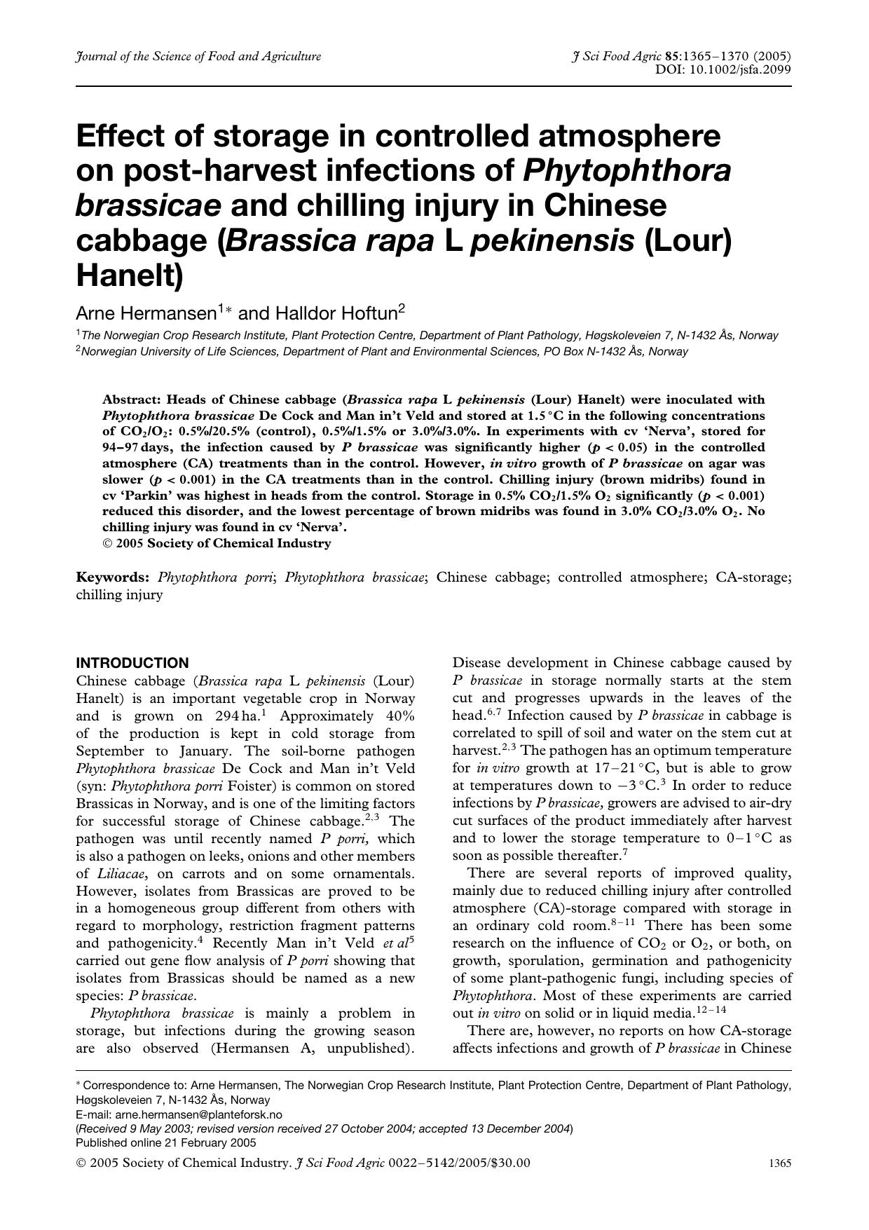 Effect of storage in controlled atmosphere on post-harvest infections of Phytophthora brassicae and chilling injury in Chinese cabbage (Brassica rapa L pekinensis (Lour) Hanelt) by Unknown
