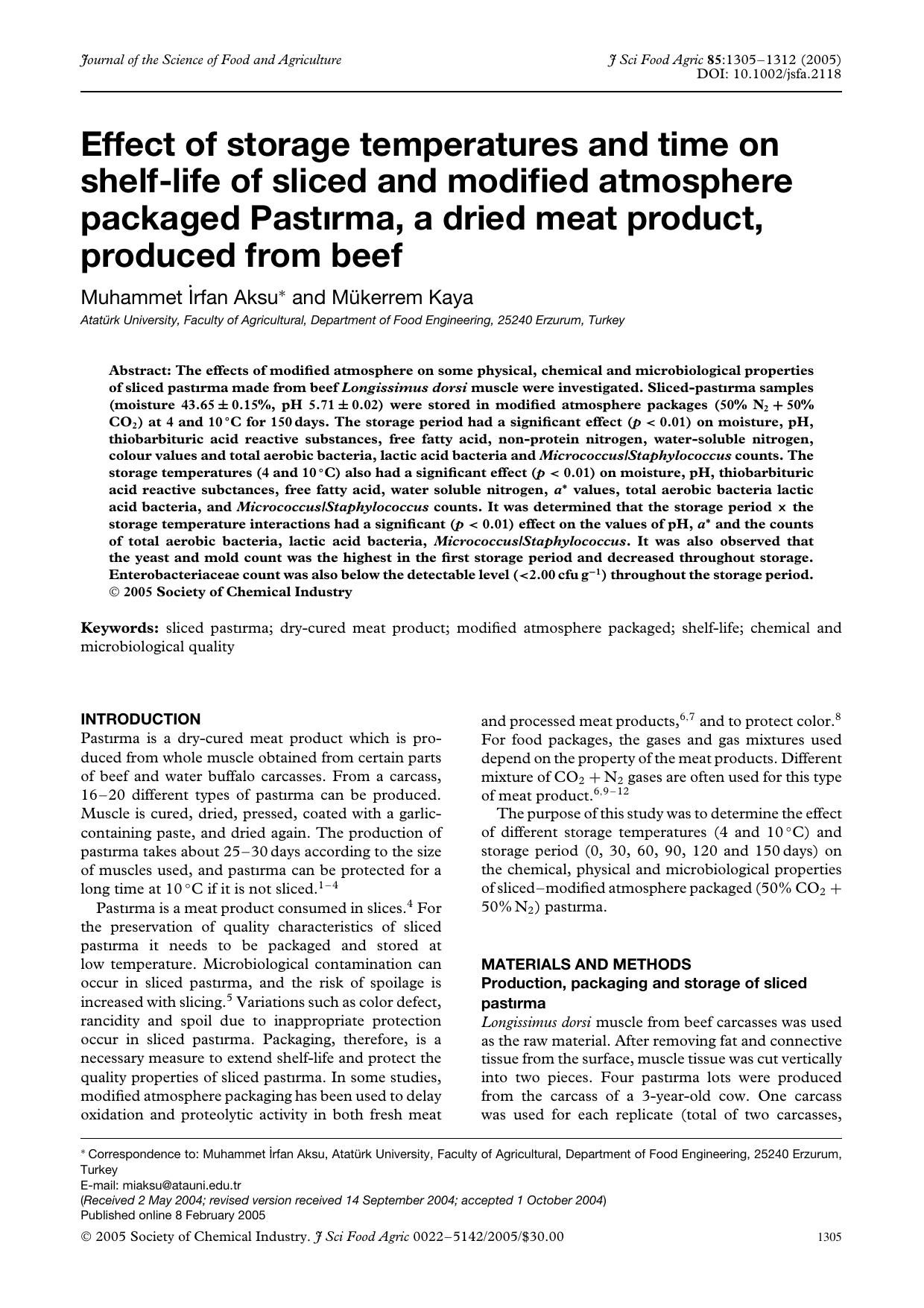 Effect of storage temperatures and time on shelf-life of sliced and modified atmosphere packaged Past[inodot]rma, a dried meat product, produced from beef by Unknown