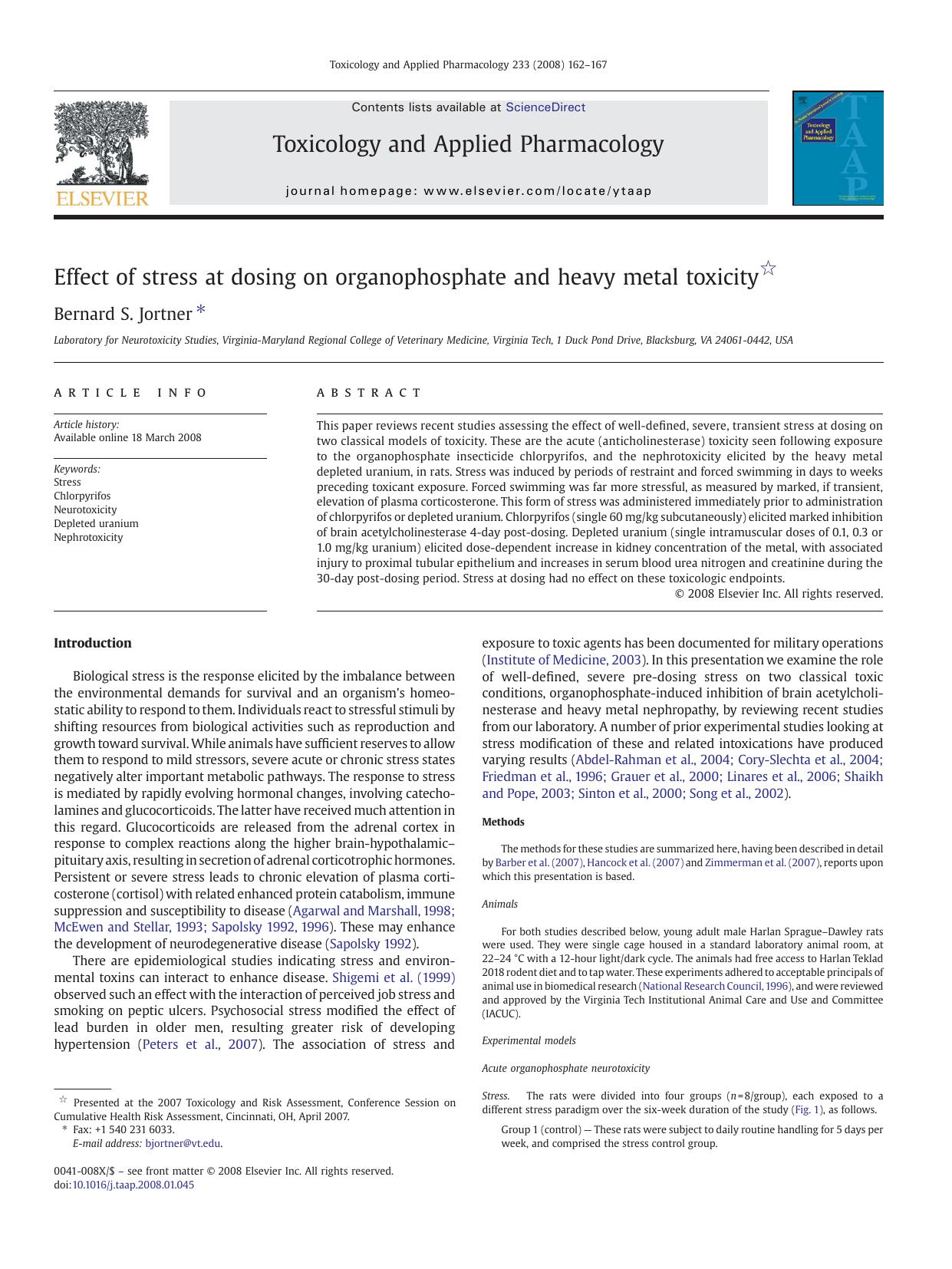 Effect of stress at dosing on organophosphate and heavy metal toxicity by Bernard S. Jortner