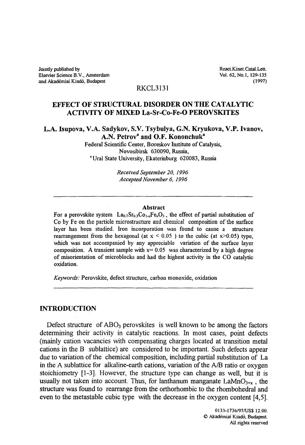 Effect of structural disorder on the catalytic activity of mixed La&#x2212;Sr&#x2212;Co&#x2212;Fr&#x2212;O perovskites by Unknown