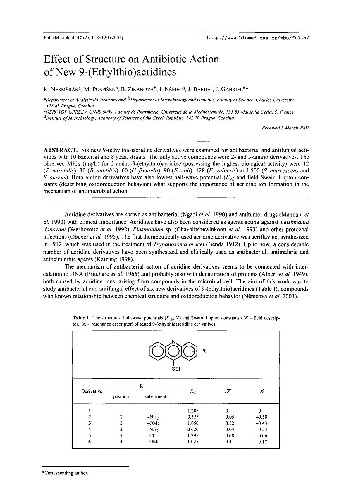 Effect of structure on antibiotic action of new 9-(ethylthio)acridines by Unknown