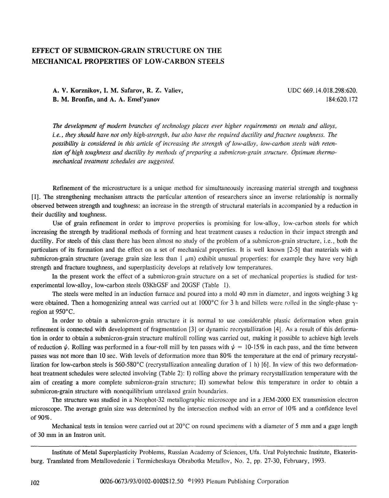 Effect of submicron-grain structure on the mechanical properties of low-carbon steels by Unknown