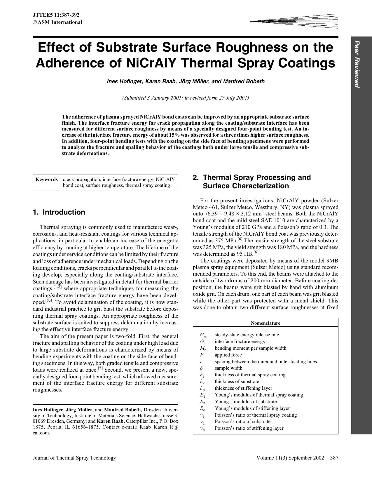 Effect of substrate surface roughness on the adherence of NiCrAlY thermal spray coatings by Unknown