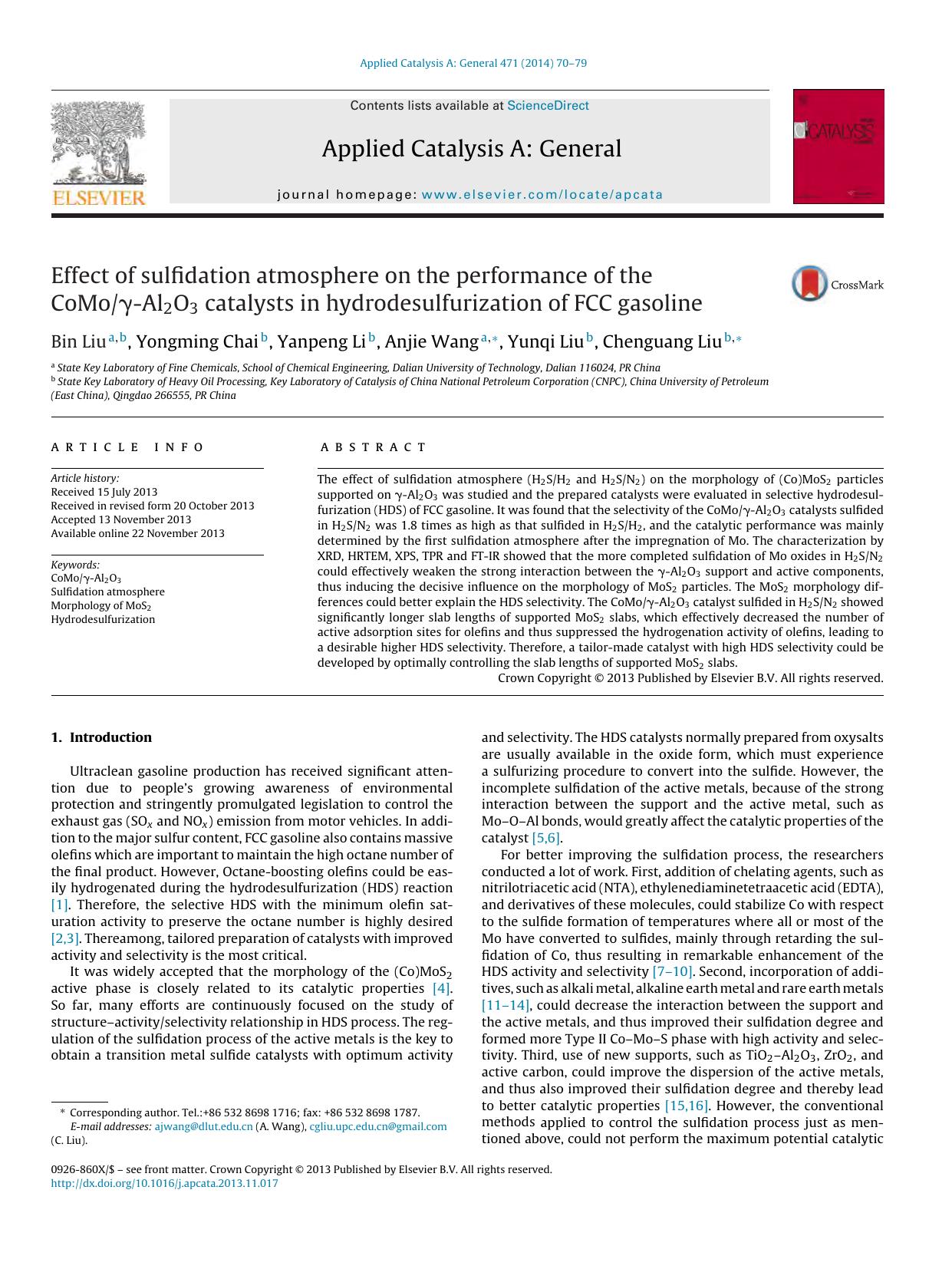 Effect of sulfidation atmosphere on the performance of the CoMoÎ³-Al2O3 catalysts in hydrodesulfurization of FCC gasoline by Bin Liu & Yongming Chai & Yanpeng Li & Anjie Wang & Yunqi Liu & Chenguang Liu