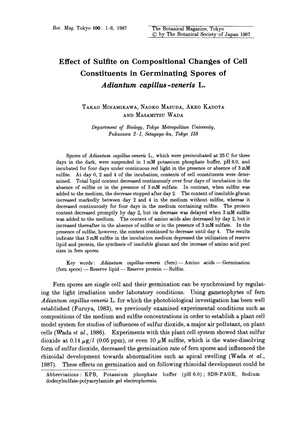 Effect of sulfite on compositional changes of cell constituents in germinating spores of <Emphasis Type="Italic">Adiantum capillus-veneris <Emphasis> L. by Unknown