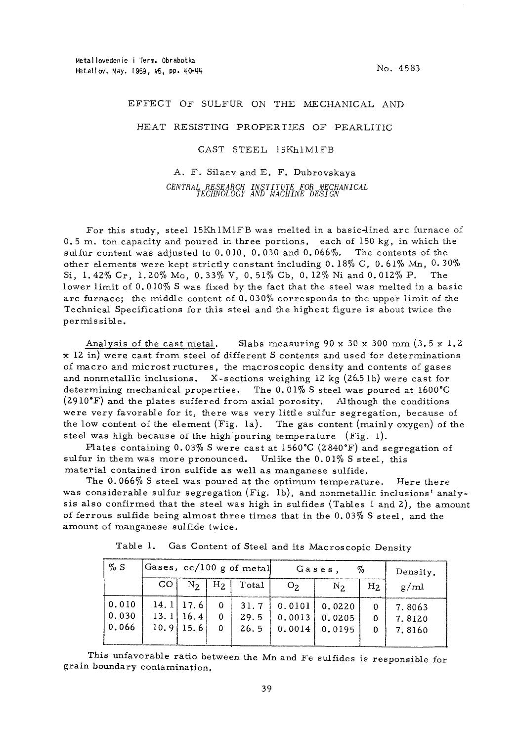 Effect of sulfur on the mechanical and heat resisting properties of pearlitic cast steel 15Kh1M1FB by Unknown