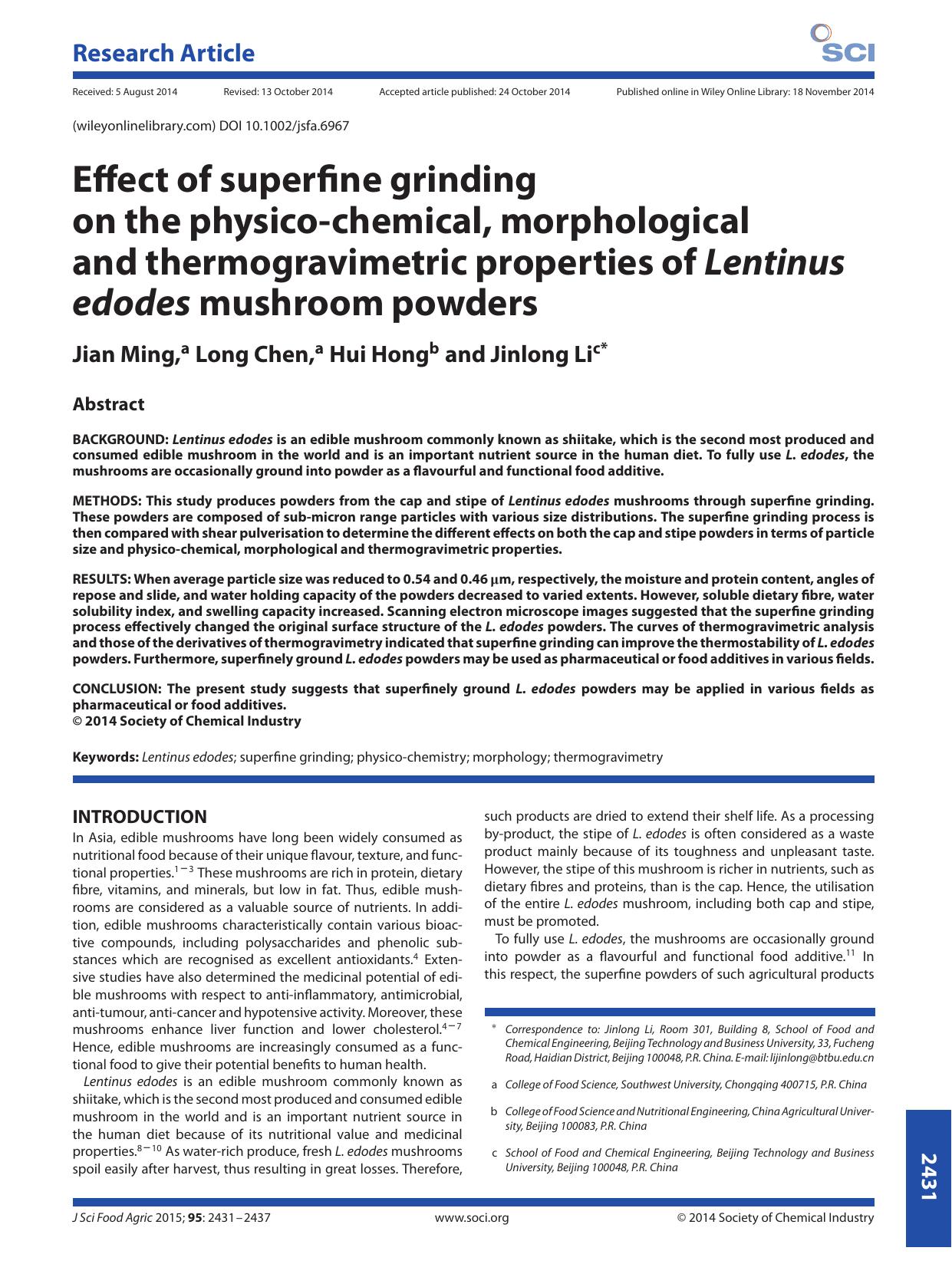 Effect of superfine grinding on the physico-chemical, morphological and thermogravimetric properties of Lentinus edodes mushroom powders by Unknown