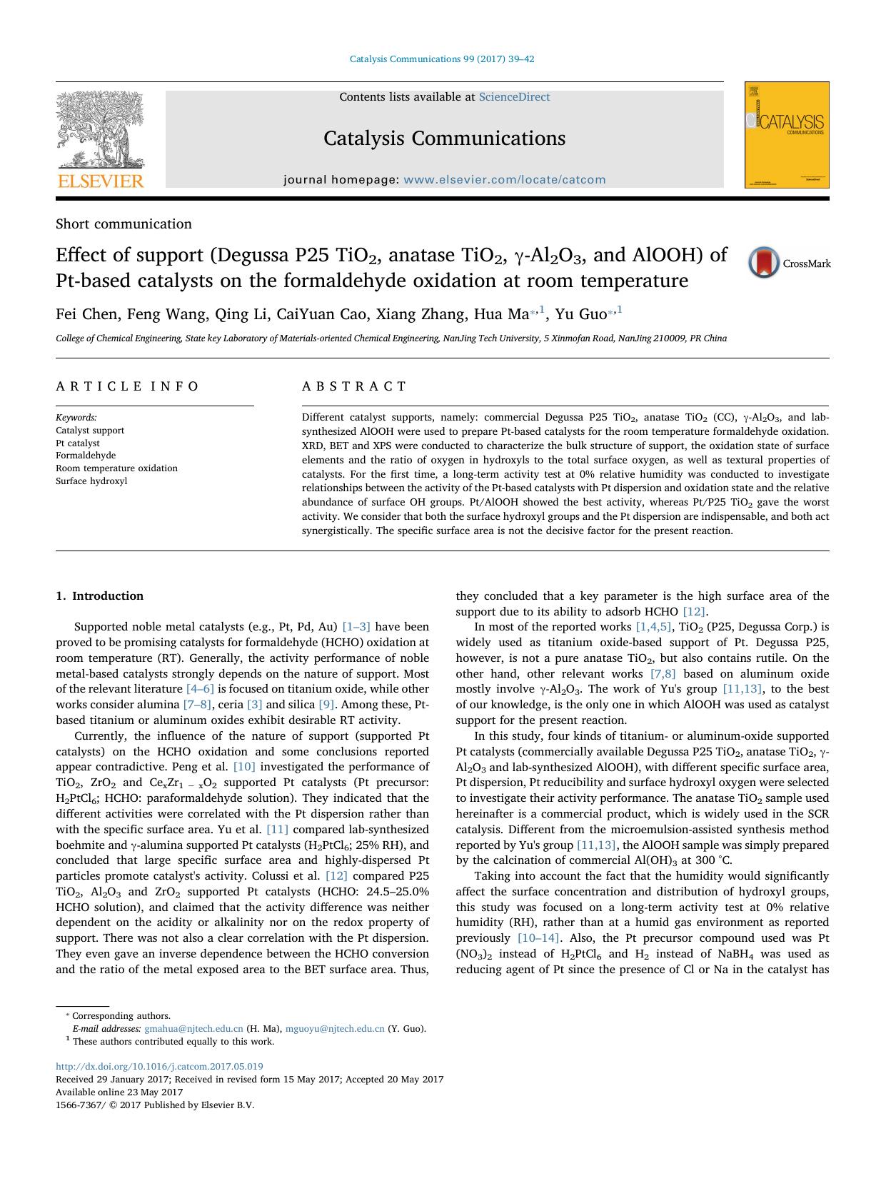 Effect of support (Degussa P25 TiO2, anatase TiO2, Î³-Al2O3, and AlOOH) of Pt-based catalysts on the formaldehyde oxidation at room temperature by Fei Chen & Feng Wang & Qing Li & CaiYuan Cao & Xiang Zhang & Hua Ma & Yu Guo