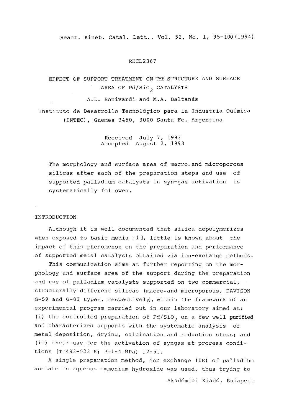 Effect of support treatment on the structure and surface area of PdSiO <Subscript>2 <Subscript> catalysts by Unknown