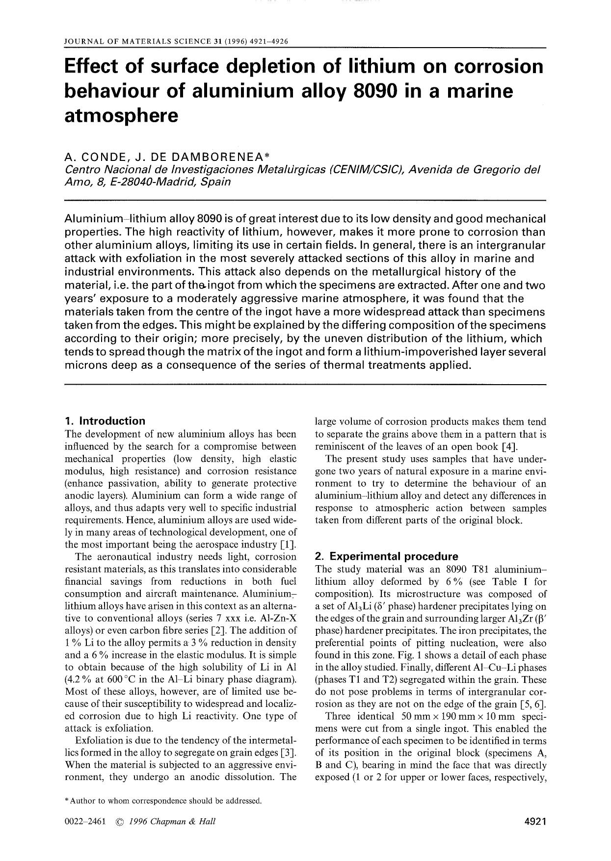 Effect of surface depletion of lithium on corrosion behaviour of aluminium alloy 8090 in a marine atmosphere by Unknown