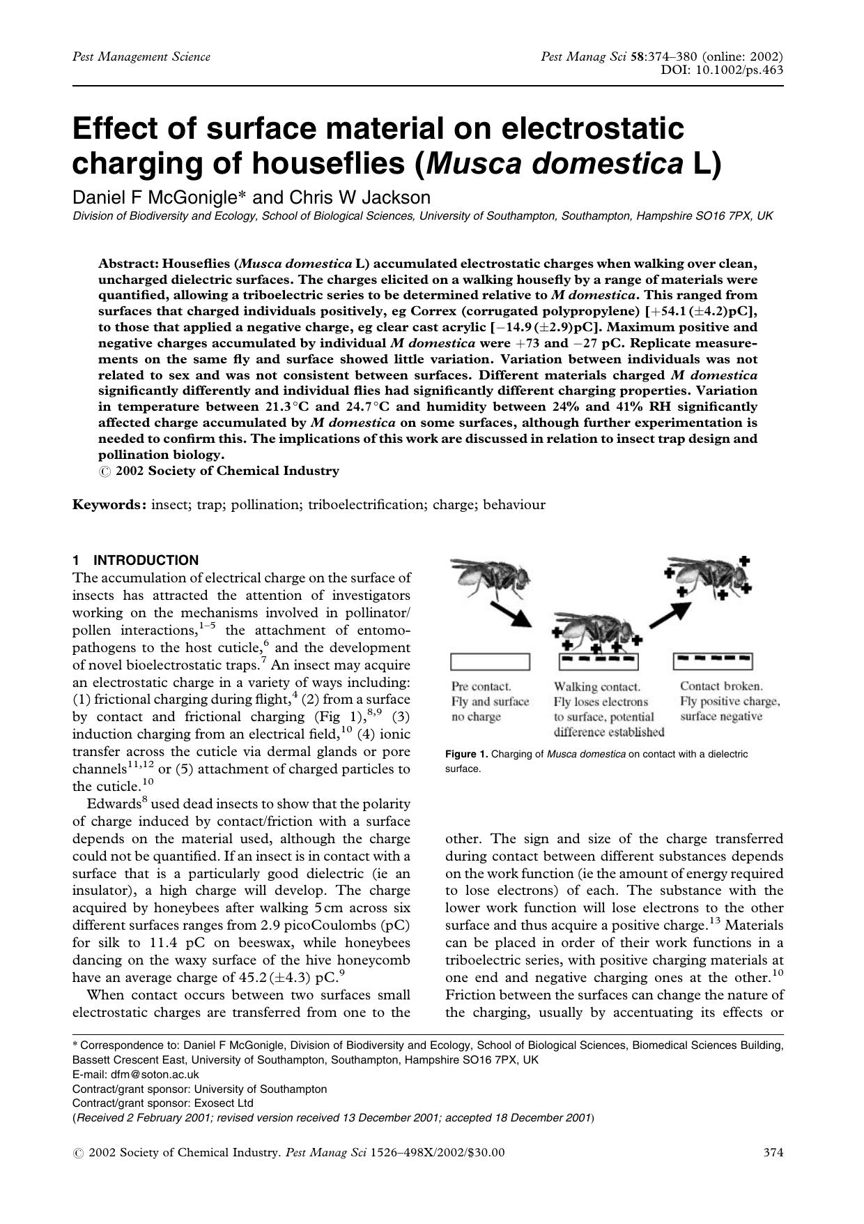Effect of surface material on electrostatic charging of houseflies (Musca domestica L) by Unknown