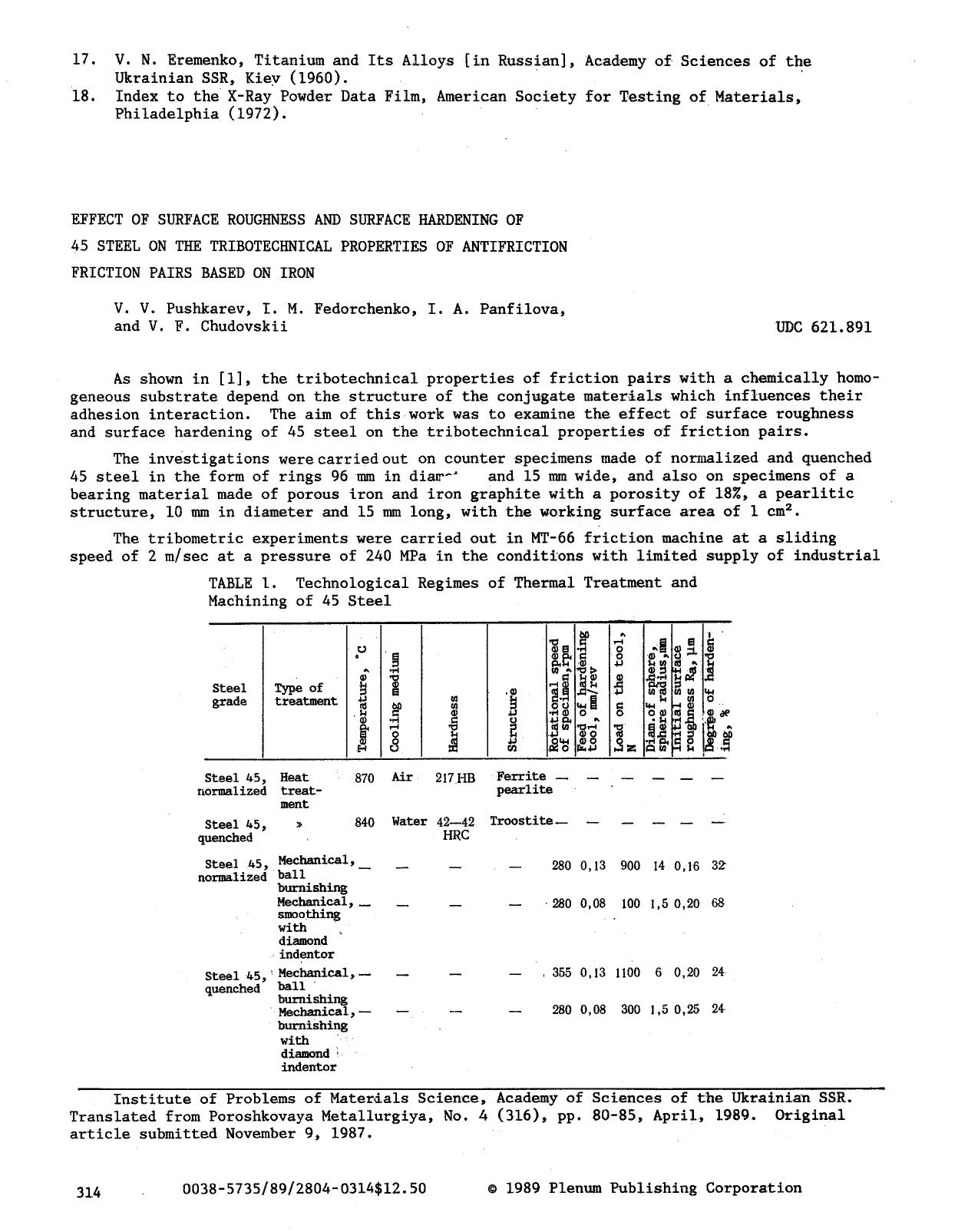 Effect of surface roughness and surface hardening of 45 steel on the tribotechnical properties of antifriction friction pairs based on iron by Unknown