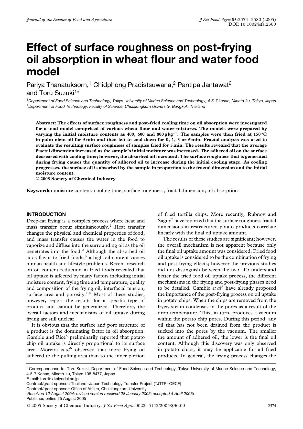 Effect of surface roughness on post-frying oil absorption in wheat flour and water food model by Unknown