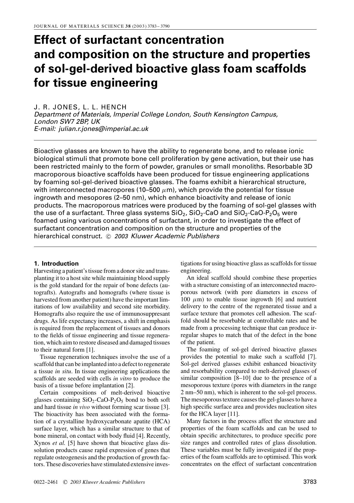 Effect of surfactant concentration and composition on the structure and properties of sol-gel-derived bioactive glass foam scaffolds for tissue engineering by Unknown