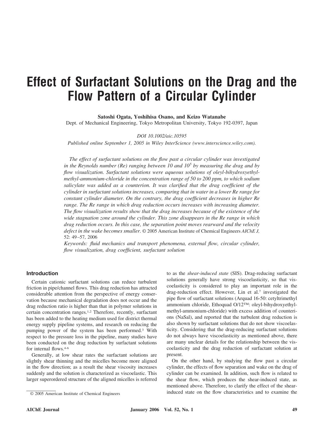 Effect of surfactant solutions on the drag and the flow pattern of a circular cylinder by Unknown
