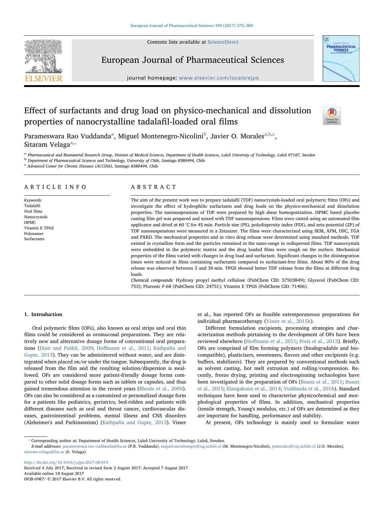 Effect of surfactants and drug load on physico-mechanical and dissolution properties of nanocrystalline tadalafil-loaded oral films by Parameswara Rao Vuddanda & Miguel Montenegro-Nicolini & Javier O. Morales & Sitaram Velaga