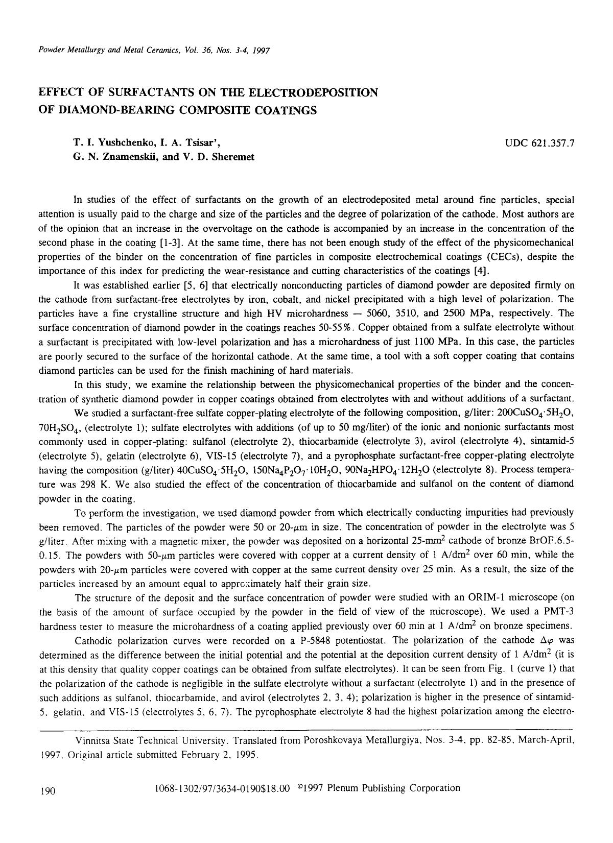 Effect of surfactants on the electrodeposition of diamond-bearing composite coatings by Unknown