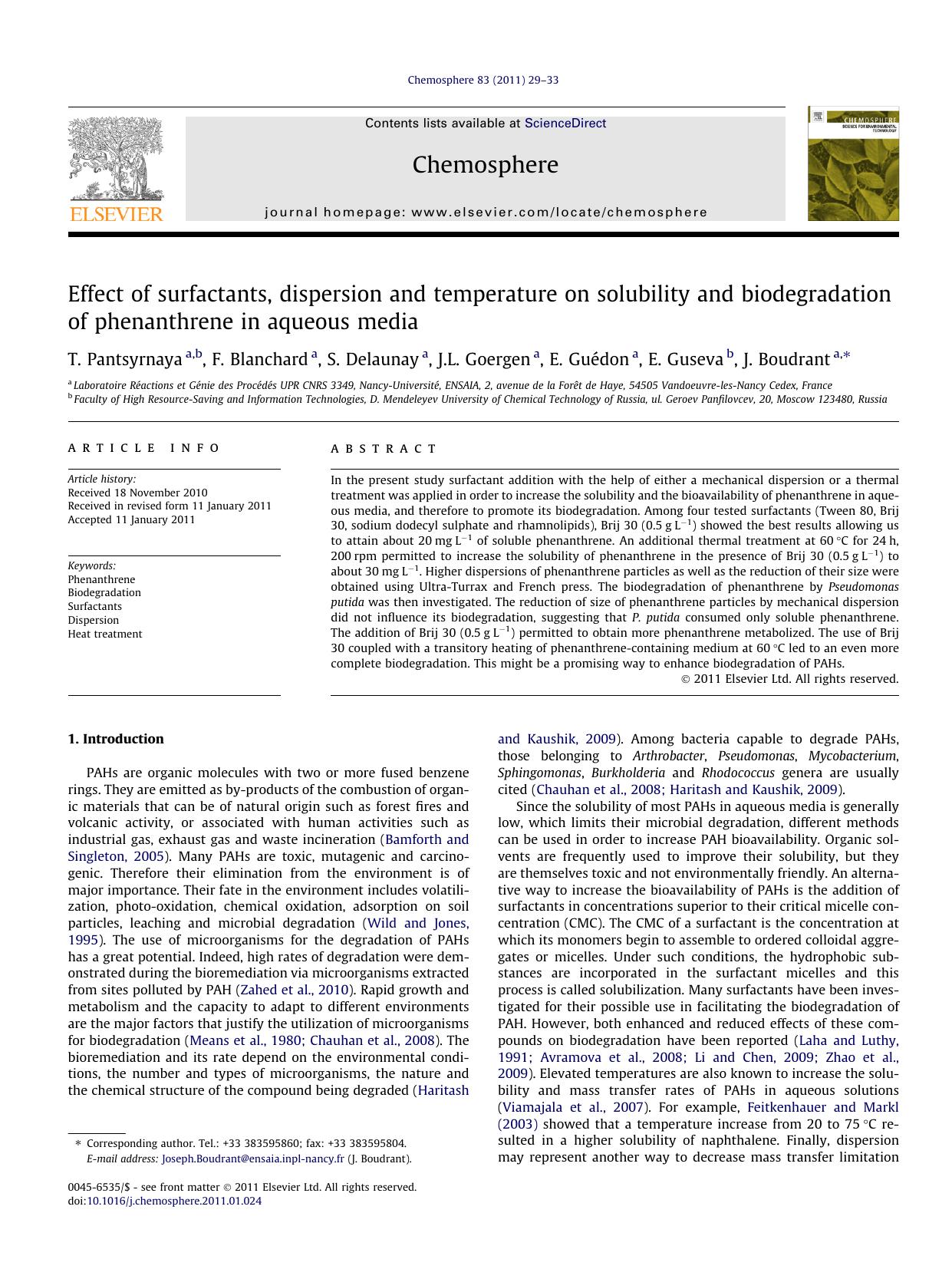 Effect of surfactants, dispersion and temperature on solubility and biodegradation of phenanthrene in aqueous media by T. Pantsyrnaya & F. Blanchard & S. Delaunay & J.L. Goergen & E. Guédon & E. Guseva & J. Boudrant