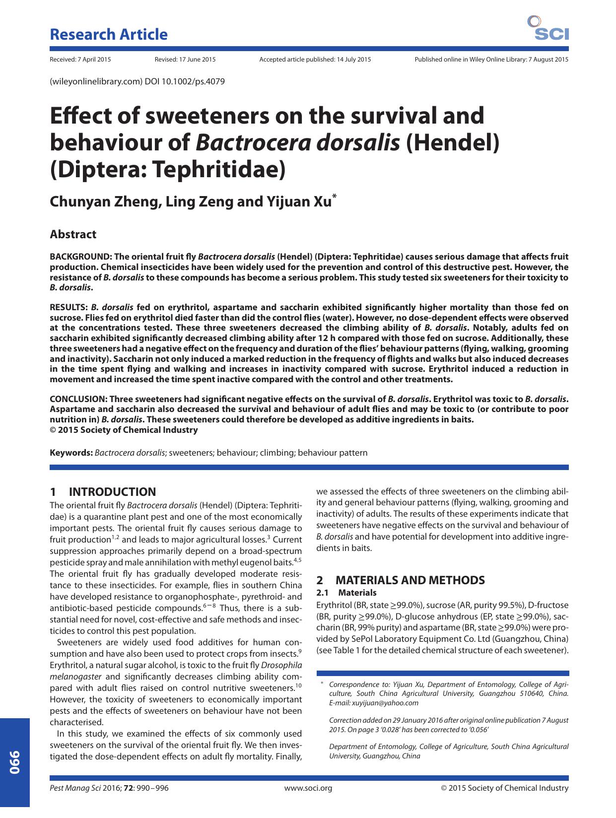 Effect of sweeteners on the survival and behaviour of Bactrocera dorsalis (Hendel) (Diptera: Tephritidae) by Unknown