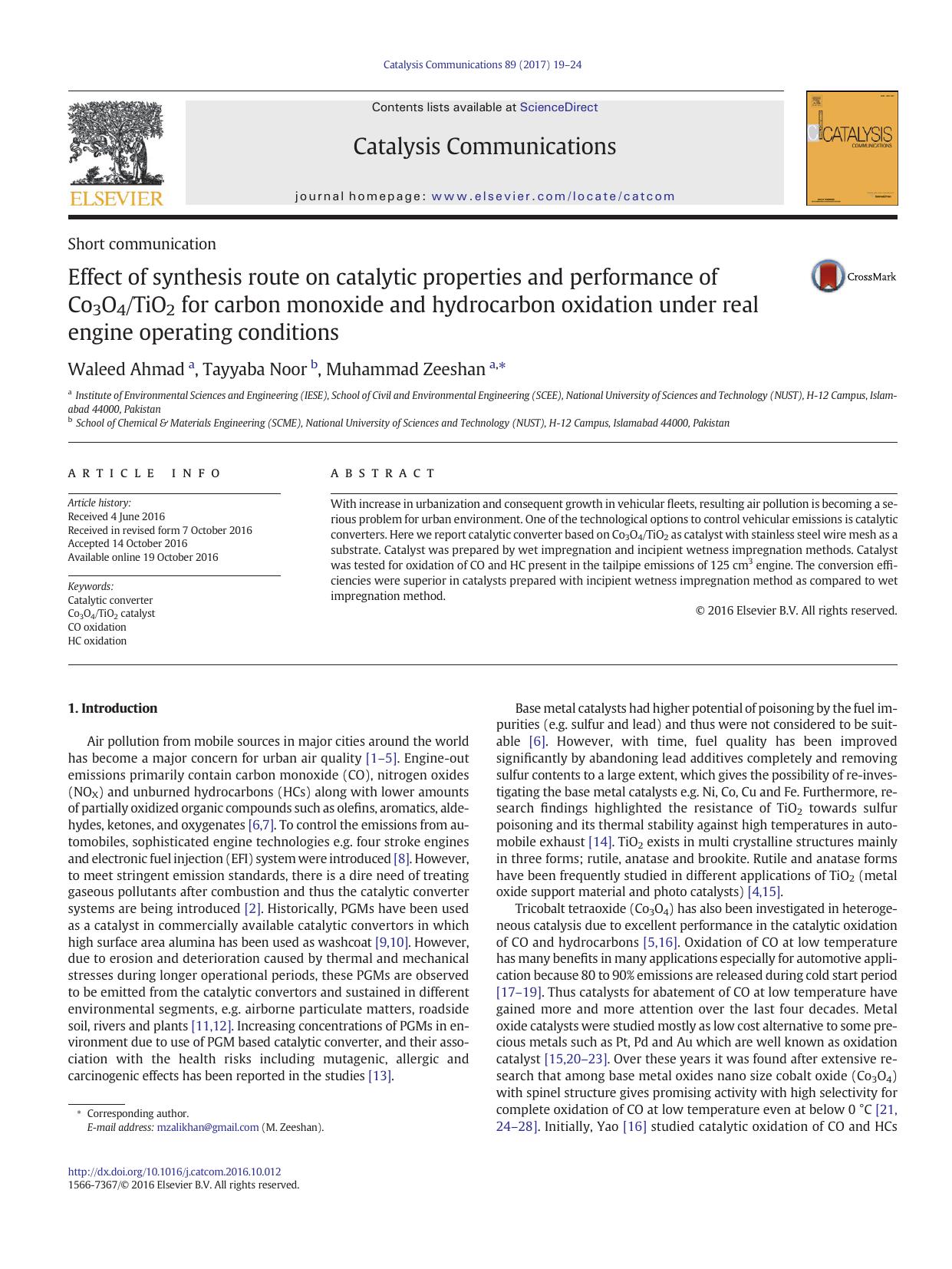 Effect of synthesis route on catalytic properties and performance of Co3O4TiO2 for carbon monoxide and hydrocarbon oxidation under real engine operating conditions by Waleed Ahmad & Tayyaba Noor & Muhammad Zeeshan