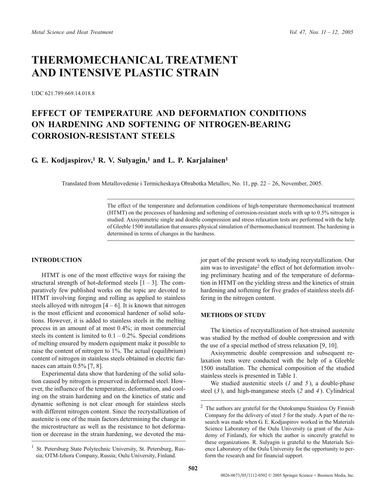 Effect of temperature and deformation conditions on hardening and softening of nitrogen-bearing corrosion-resistant steels by Unknown