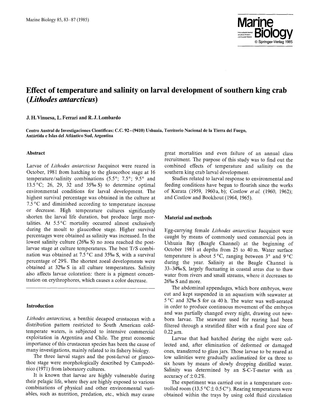 Effect of temperature and salinity on larval development of southern king crab (<Emphasis Type="Italic">Lithodes antarcticus<Emphasis>) by Unknown