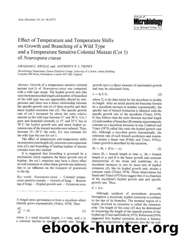 Effect of temperature and temperature shifts on growth and branching of a wild type and a temperature sensitive colonial mutant (Cot 1) of <Emphasis Type="Italic">Neurospora crassa<Emphasis> by Unknown