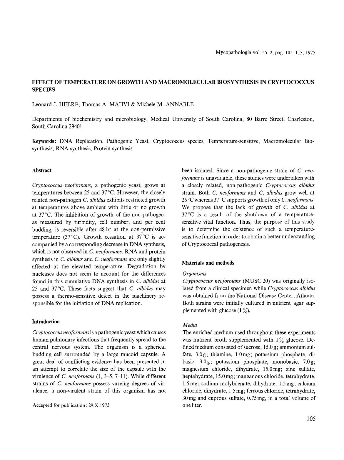 Effect of temperature on growth and macromolecular biosynthesis in cryptococcus species by Unknown