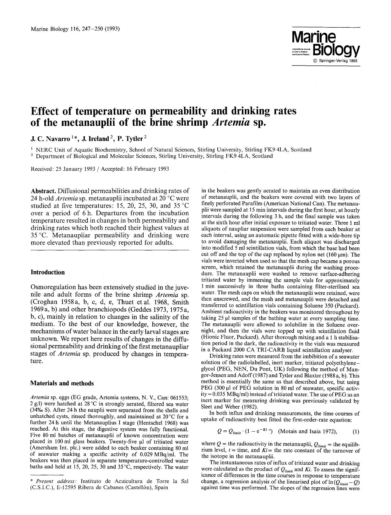 Effect of temperature on permeability and drinking rates of the metanauplii of the brine shrimp <Emphasis Type="Italic">Artemia<Emphasis> sp. by Unknown